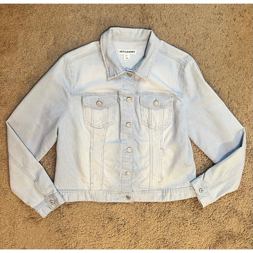 Artisan NY Womens Large Blue White Stripe Stretch Trucker Jacket